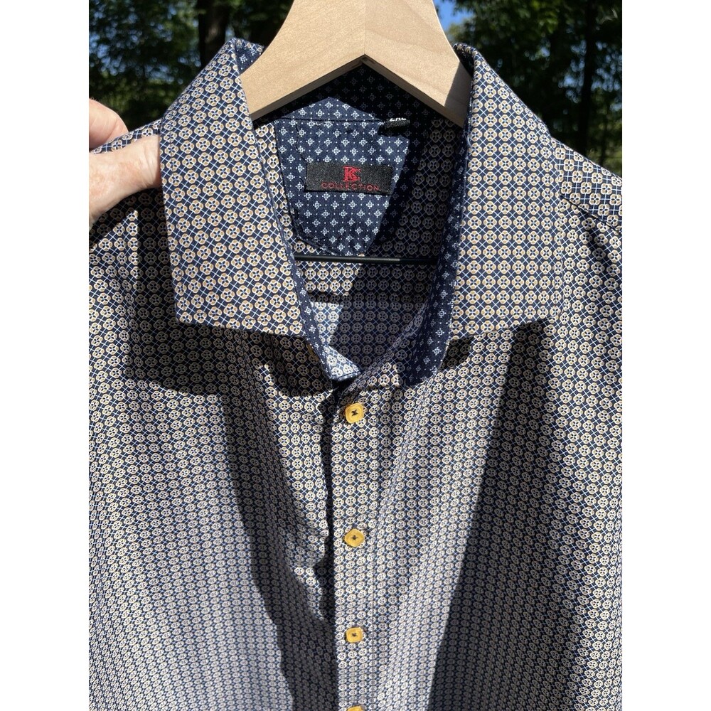 BC Collection Geometric Short Sleeve Shirt Blue Gold Mens 2XL (Chest 48")
